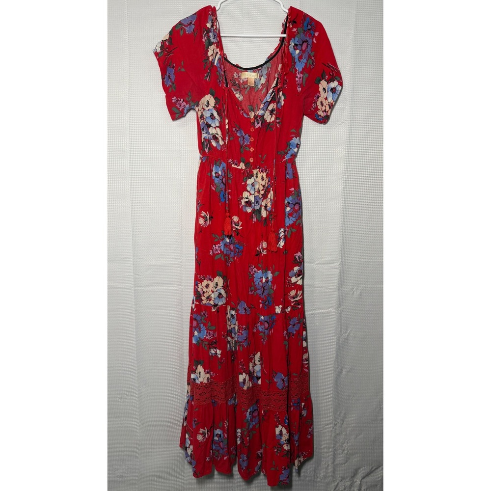 Land of Gypsy Boho Floral Maxi Dress Medium Red Tiered Crochet‎ Trim Festival